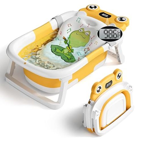 Baby Bathtub, Collapsible Newborn Bathtub for Infant to Toddler 0-24 Months with Soft Bath Net,Portable Travel Newborn Tub with No-Slip Feet, Baby Shower Gifts, Yellow