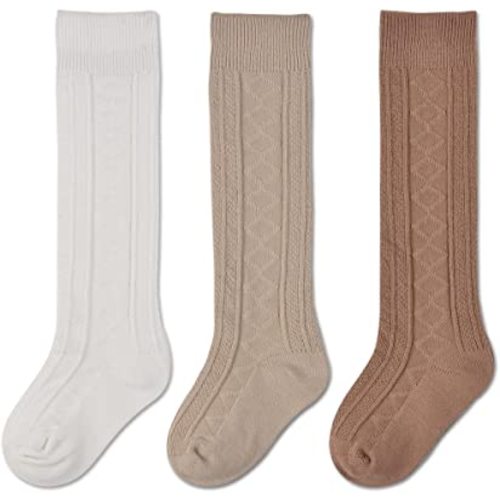 EPEIUS Baby Knee High Socks,Newborn Girls Seamless Stockings Baby Over the Knee Socks Cable Knit Dress Sock 0-6 Months 3 Pack Ivory White Brown Khaki