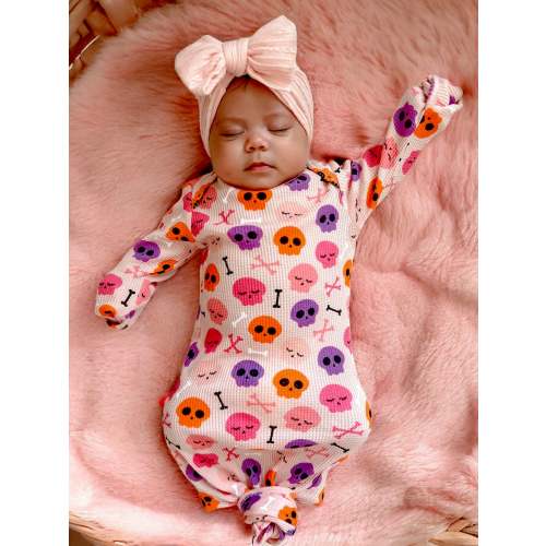 Organic Waffle Knotted Gown, Candy Skulls Pink