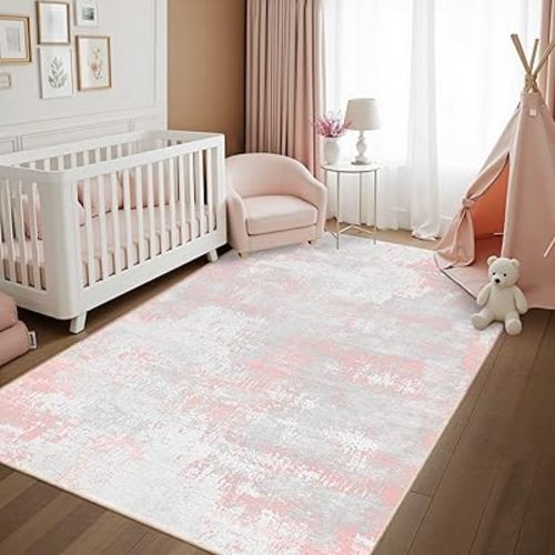 Latte&Fog Pink Area Rugs, Modern Abstract 5x7 Washable Rugs for Living Room Cute Girls Bedroom Nursery Dorm, Non Slip Low Pile Soft Carpets for Classroom Kids Playroom Kitchen Dining Room Office