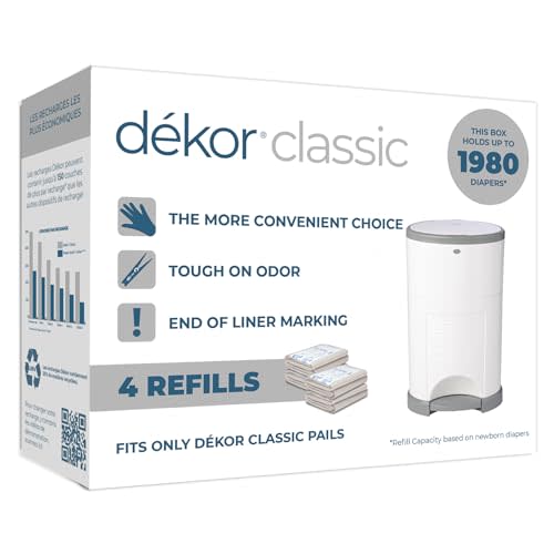Diaper Dekor Classic Diaper Pail Refills | 4 Count | Most Economical Refill System | Quick & Easy to Replace | No Preset Bag Size Use Only What You Need | Exclusive End-of-Liner Marking