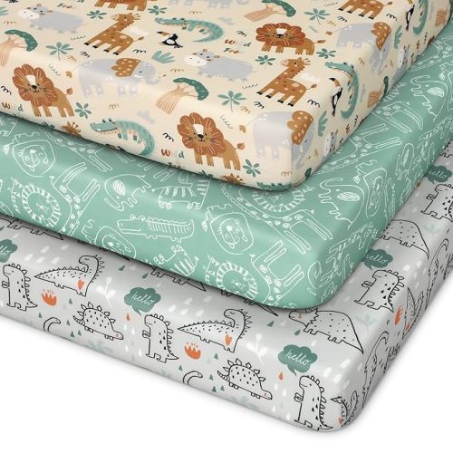Pack and Play Sheets Fitted 3 Pack, Mini Crib Sheets for Pack N Play Mattress Stretchy Portable Playard Sheets, Soft Breathable Green & Apricot Lion