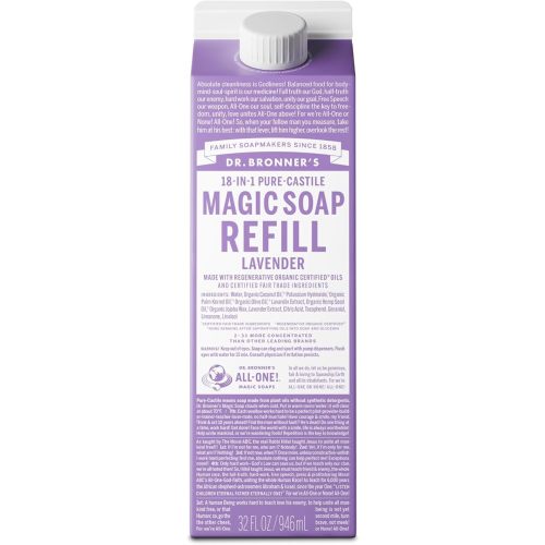 Dr. Bronner's Pure-Castile Liquid Magic Soap Refill - Made with Regenerative Organic Certified Oils, 86% Less Plastic per Quart - 18-in-1 Uses for Face, Body Wash, Hand Soap Refill- Lavender, 32oz