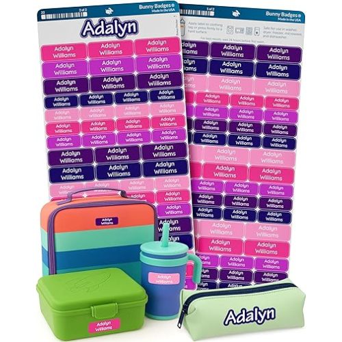 Bunny Badges Personalized Daycare Name Labels for Kids (120 Labels) Custom Label for Clothing Tag - Waterproof Name Stickers for Clothing Tags, Bottles, Backpacks and School Supplies (Berry)