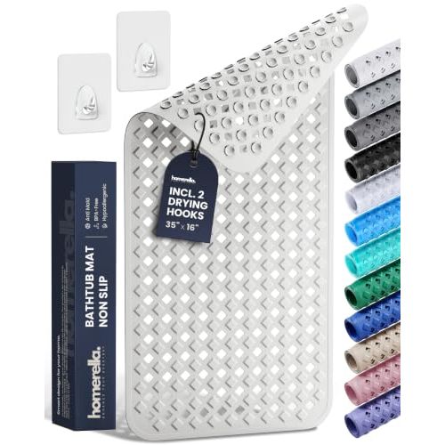 Bathtub Mat Non Slip 35x16 - homerella® Bath Mat Incl. Hooks for Drying, Extra Long, 100% BPA Free, Shower Mat Non Slip Anti Mold, Machine Washable, Shower Mats for Inside Shower Mildew Resistant