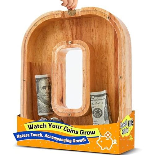 Wooden Initial Piggy Bank - Large Solid Wood Money Box for Kids - Personalized Letter Money Bank, Unique Educational Gift Decor for Baby Shower, Birthday & Nursery (O)