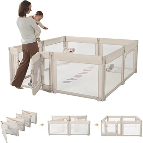 Modular Baby Playpen with Walk-in Gate & Zipper Door, Foldable Adjustable Playpen for Babies and Toddlers,71X79 in Large Play Pen for Indoor Outdoor Use（Khaki）
