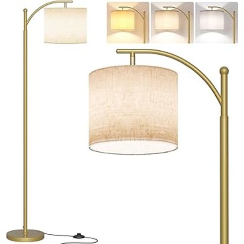 SUNMORY Arc Floor Lamp,Modern Floor Lamp with 9W 3 Color Temperatures Bulb,Metal Standing Lamps with Adjustable Hanging Lampshade,Tall Floor Lamps for Living Room,Bedroom, Gold Without Remote