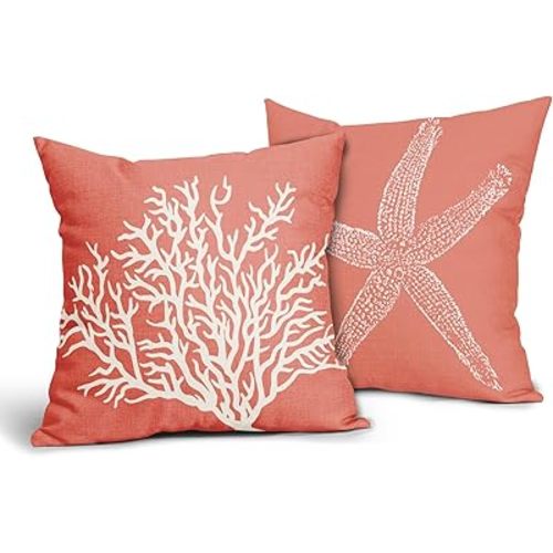 Coastal Coral Throw Pillow Covers 18x18 Inch Set of 2 Starfish Beach Nautical Pillow Covers Summer Farmhouse Pillowscase Linen Square Cushion Covers for Sofa Couch Bedroom Living Room Home Decoration