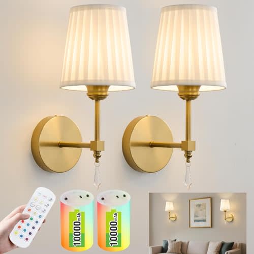 Battery Operated Wall Sconce Set of 2, 10000 Mah Rechargeable Wall Sconces Dimmable 12 RGBS,Remote Wireless Sconces,Gold Sconces Wall Decor Set of 2 Fabric,Cordless Wall Lamp for Bedroom,Living Room