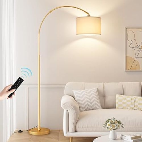 Ambimall Dimmable Arc Floor Lamp with Remote, Color Temperatures and Brightness Adjustable, Arched Floor Lamp with Rotating Head, Over Couch Arched Reading Light for Living Room (Deep Beige and Gold)