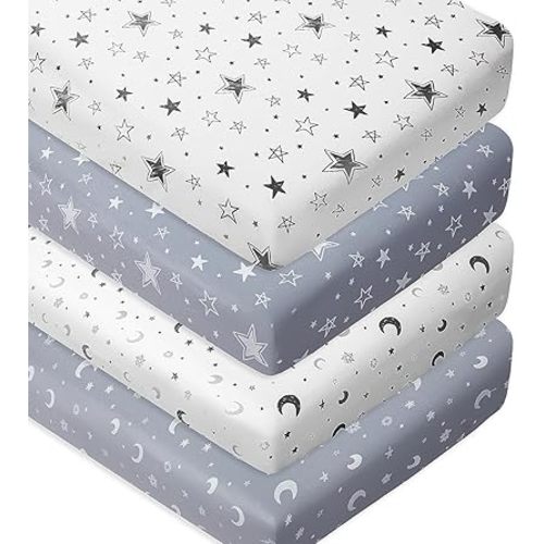 4 Pack Soft Star and Moon Neutral Unisex Fitted Baby Sheets Set for Baby Boys or Girls (Crib Sheets)