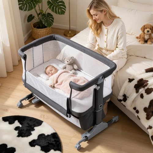 4 in 1 Bassinet Bedside Sleeper with Rocking Mode (Dark Grey) | 6 Adjustable Heights, Mosquito Net,Full Breathable Mesh, Convertible to Portable Crib, Bassinets with Mattress & Wheels,
