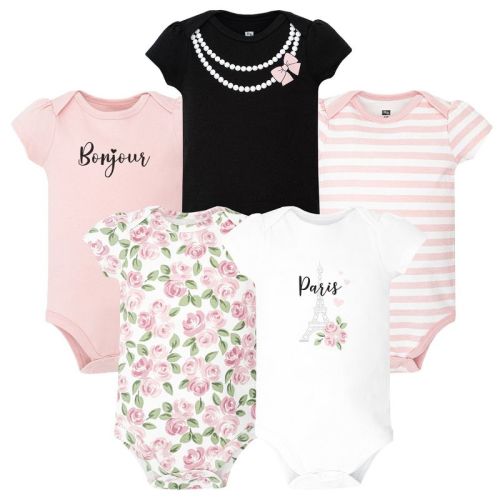 Hudson Baby Infant Girls Cotton Bodysuits 5-Pack, Bonjour Paris, 6-9 Months