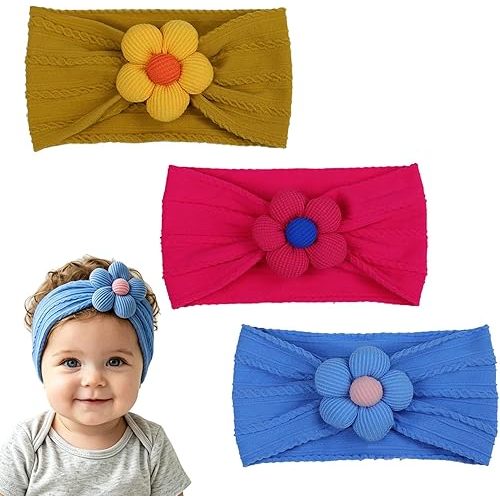3 Pcs Baby Flower Headbands Baby Girls Nylon Headbands Soft Hairbands Hair Accessories for Newborn Infant Toddler Kids (Yellow Red Blue)