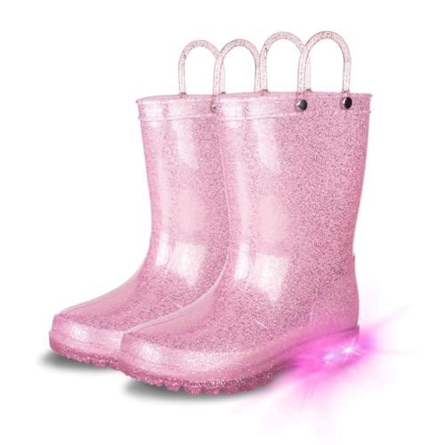 GAWBAW Toddler Rain Boots Kids With Glitter Light up Rain Boots With Easy-on Handles Waterproof For Boys and Girls