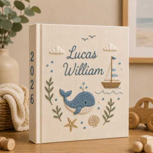 Personalized Hand Embroidered Baby Photo Album, Embroidered Ocean Nursery Keepsake Book,Custom Newborn Whale Keepsake Album,Baby Shower Gift