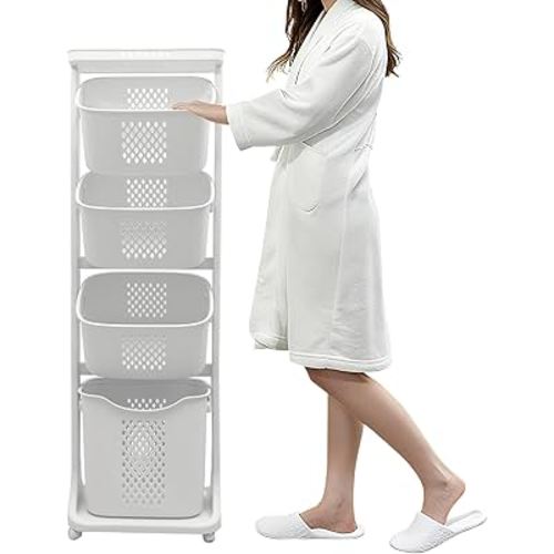 4-Tier Laundry Hamper Sorter, Vertical Rolling Laundry Baskets with Wheels Removable, Stackable Laundry Cart Organizer and Storage for Small Space, Dorm, Closet, Bathroom