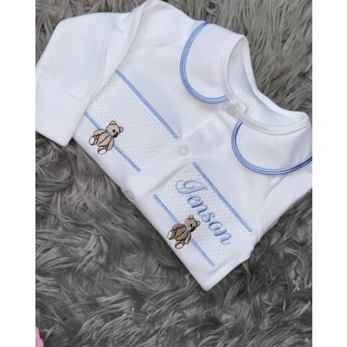 Personalised Classic Smock Teddy Baby Sleepsuit
