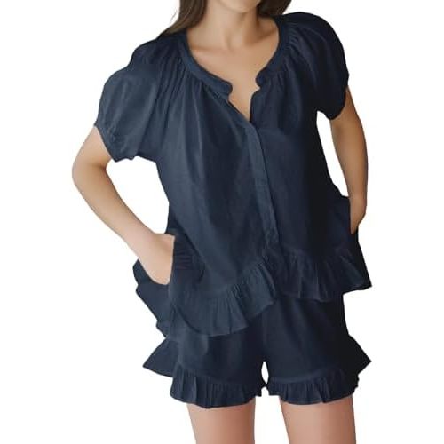 Womens Fashion Summer Short Sets Short Sleeve Button Down Ruffle Trim Top and Shorts Cotton Pajama Sets