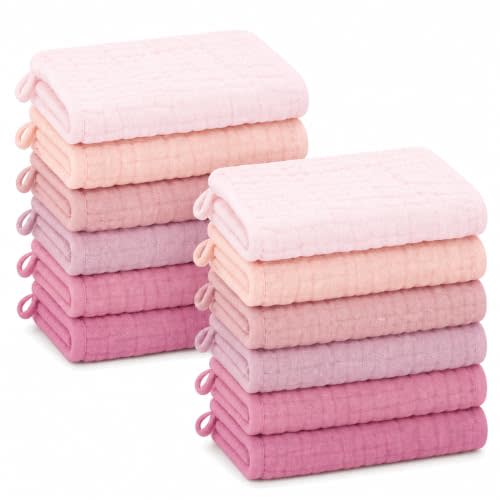 SWEET DOLPHIN 12 Pack Baby Muslin Washcloths - Face Cloths for Newborn, Absorbent Bath Wash Cloths, Wipes, Burp Rag - Toddlers Essentials Stuff, Baby Registry as Shower -10"x10", Hibiscus Sunset