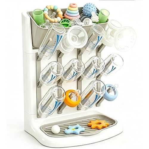 GoMaihe Baby Bottle Drying Rack: Space Saving Vertical Bottle Dryer Holder - The Large Top Compartment Storage Stand Organize Brushes Pacifiers on Countertop - BPA-Free - Gray