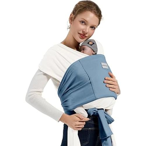 Baby Wraps Carrier - Soft Breathable Baby Carrier Newborn 7-35lbs, Adjustable Hands-Free Baby Sling for Newborns to Toddlers, Easy to Wear Newborn Carrier, White+Blue