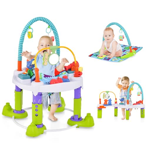 HONEY JOY Baby Bouncer Activity Center, 4 in 1 Toddler Bouncing Activity Saucer & Playtime Mat & Activity Table, Toy Rack, 3 Adjustable Heights, Foldable Activity Center for Infant Boys Girls