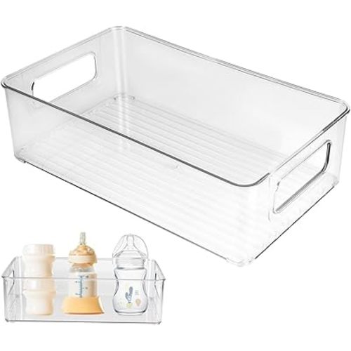Plastic Baby Bottle Nursery and Food Organizer Storage Holder Bin with Handles for Closet, Cupboard, Cabinet, Drawers, Shelves Holds Canned Food, Bottles, Formula Ligne Collection, Clear