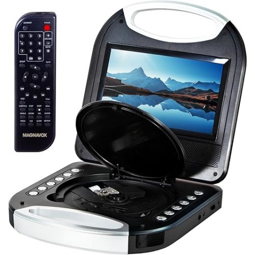 Magnavox MTFT750-BK Portable 7 inch TFT DVD/CD Player with Remote Control and Car Adapter in Black | Rechargeable Battery | Headphone Jack | Built-In Speakers |