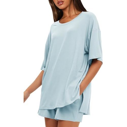 Darong Women's Two Piece Loungewear Set Casual Boxy Shirts Drawstring Shorts Comfy Matching Airport Travel Outfit Pajama Set