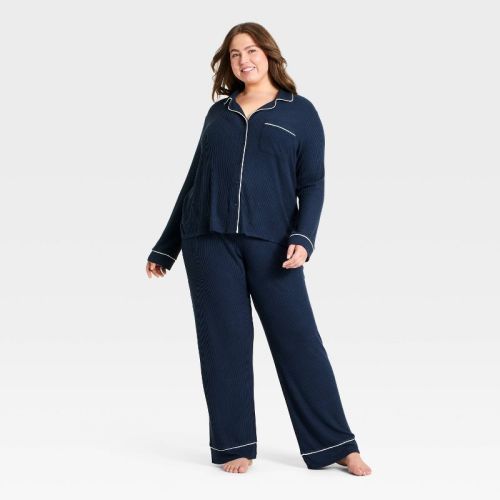 Women's Cozy Ribbed Notch Collar Long Sleeve Shirt and Pants Pajama Set - Auden™ Navy Blue 3X