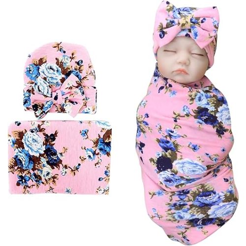 DRESHOW BQUBO Newborn Receiving Blanket with Bow Hat Set Flower Print Baby Swaddle Blanket with Beanie Nursery Swaddle Wrap