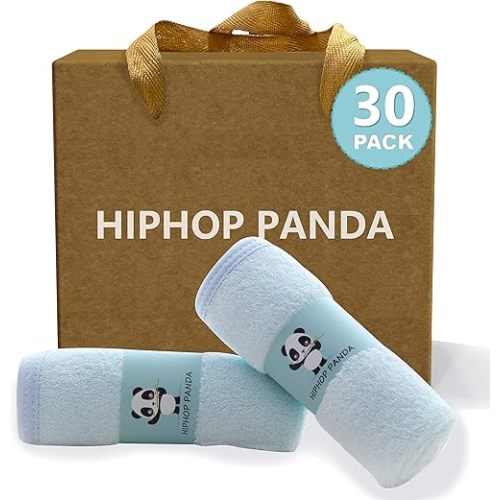HIPHOP PANDA Baby Washcloths, Rayon Made from Bamboo - 2 Layer Ultra Soft Absorbent Newborn Bath Face Towel - Reusable Baby Wipes for Delicate Skin - Blue, 30 Pack
