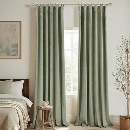 KOUFALL Sage Green Velvet Curtains 96 Inches Vintage French Country Curtain for Bedroom,Scandinavian Boho Blackout Cottagecore Curtains for Living Room 2 Panel Set