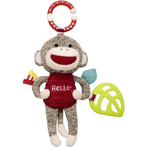 Baby Starters Sock Monkey Crinkle, Rattle, Squeak Plush with Teether and Travel Hook, 9 inch