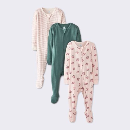 Baby Girls' 3pk Floral Pointelle Tights Fit Sleep N' Play - Cloud Island™ Pink/green 12M