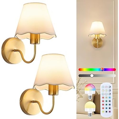 ADISUN Battery Operated Wall Sconce Set of 2, Gold Wall Lamps Rechargeable Bulbs for Living Room, White Rattan Shade, Wireless Wall Lights for Bedroom Living Room Hallway Kitchen(2 Bulbs Included)
