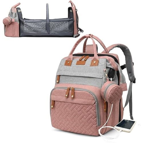 Baby Diaper Bags with Changing Station, Waterproof Diaper Bag Backpack for Moms Dads with USB Charging Port, Baby Shower Gifts, Large Capacity diaper backpack, Grey Pink