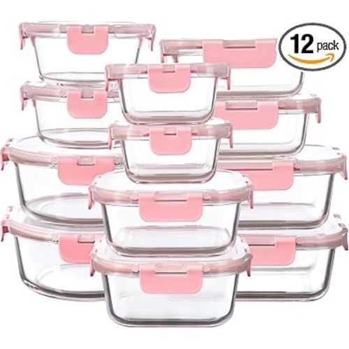 FAWLES 12 Pack Glass Storage Containers with Lids, Leak-Proof Meal Prep Containers, Dishwasher/Microwave/Oven/Freezer Safe Glass Food Storage Containers for Leftovers, to Go