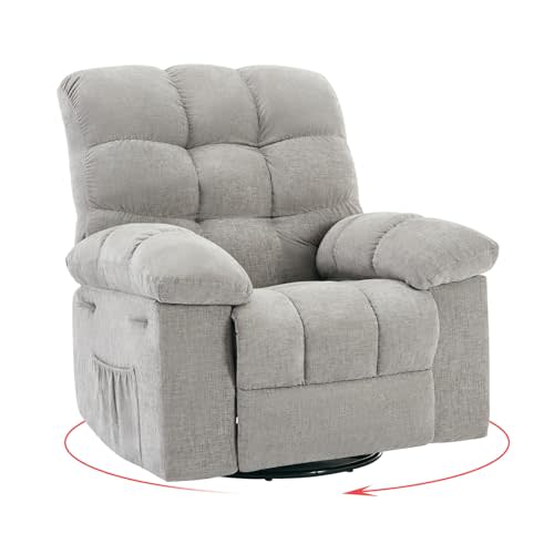Rocking Recliner Chair,360° Swivel Rocker Chair for Living Room,Upholstered Fabric Glider Nursery Chair with Side Pockets for Small Spaces,Q235 Steel Frame Lazy Boy Recliner Single Sofa(Grey)