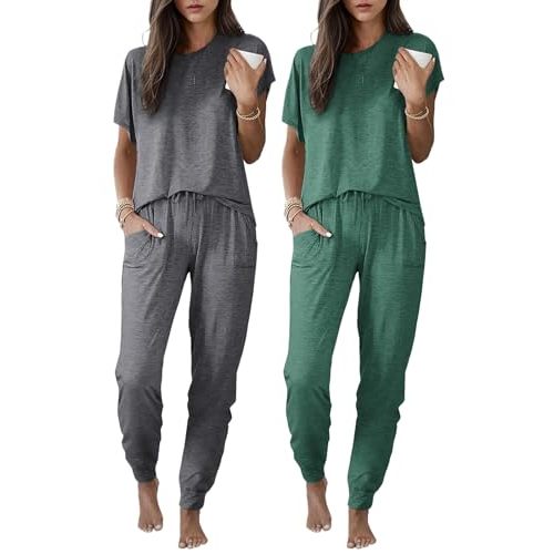 Ekouaer 2 pack Pajama Sets for Womens Jogger Pants Pjs Short Sleeves Lounge Set Soft Sleepwear with Pockets