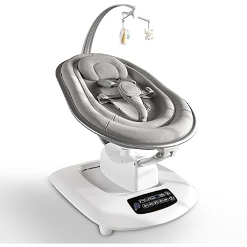 AMKE Luxury Electric Baby Swing for Infants, 45dB Quiet Dual Motor, 5 Soothing Motions, Aluminum Frame, 3 Recline Positions, Touch Panel, 5 Preset Songs, Spine Comfort for Newborns up to 40 Lbs