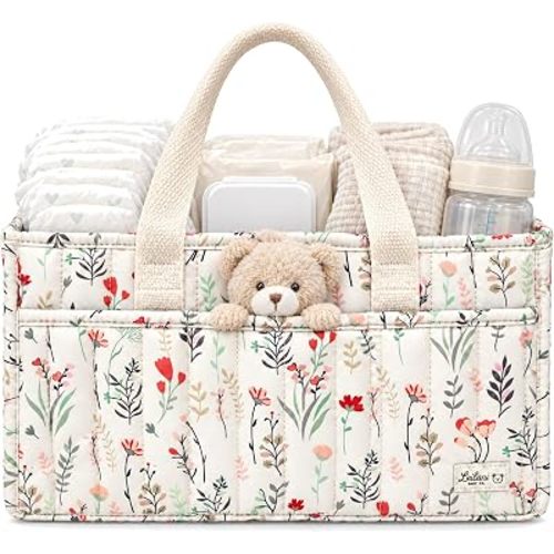 Diaper Caddy Organizer, Floral Design, Portable Nursery Basket with 3 Front Pockets and Zipper Pockets for Baby Essentials