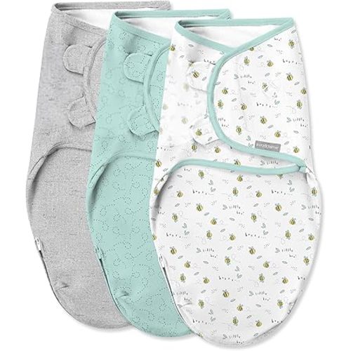 SwaddleMe by Ingenuity Easy Change Baby Swaddle in Size Small/Medium, 0-3 Months, 7-14 Pounds, 3-Pack with Easy Change Zipper - Little Bees