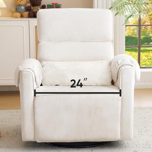 Oversized Power Rocker Recliner Chair, 24" Extra Wide Swivel Recliner with Adjustable Headrest, Chenille Glider Rocking Nursery Chair with Overstuffed Armrest, USB Ports, Cream