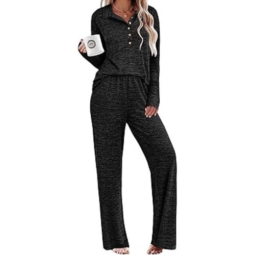 Ekouaer Womens Pajamas Set Fall Lounge Sets 2 Piece Long Sleeve Sleepwear Button Down Soft Pjs Nightwear