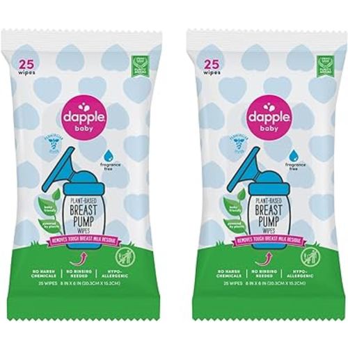 Breast Pump Wipes by Dapple Baby, Hypoallergenic & Powered by Plants, Removes Milk Residue, Leaves No Taste, Convenient Wipes Pouch, Fragrance Free, 25 Count (Pack of 2)