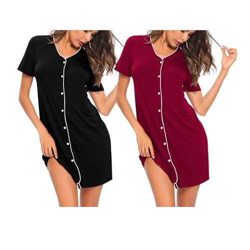 SWOMOG 2 Pack Nightgown for Women V Neck Soft Short Sleeve Sleepshirt Pajama Dress Soft Modal Nightwear