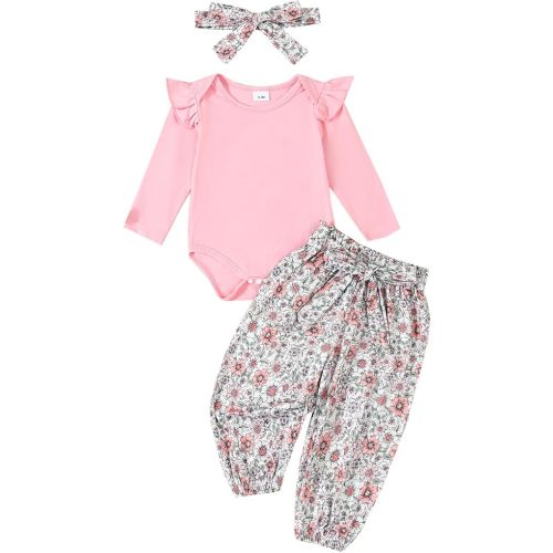 Kaipiclos Newborn Infant Girl Clothes Rib Knit Romper Daisy Print Pants Headband Baby Clothes for Girls 0 3 6 12 18 24 Months